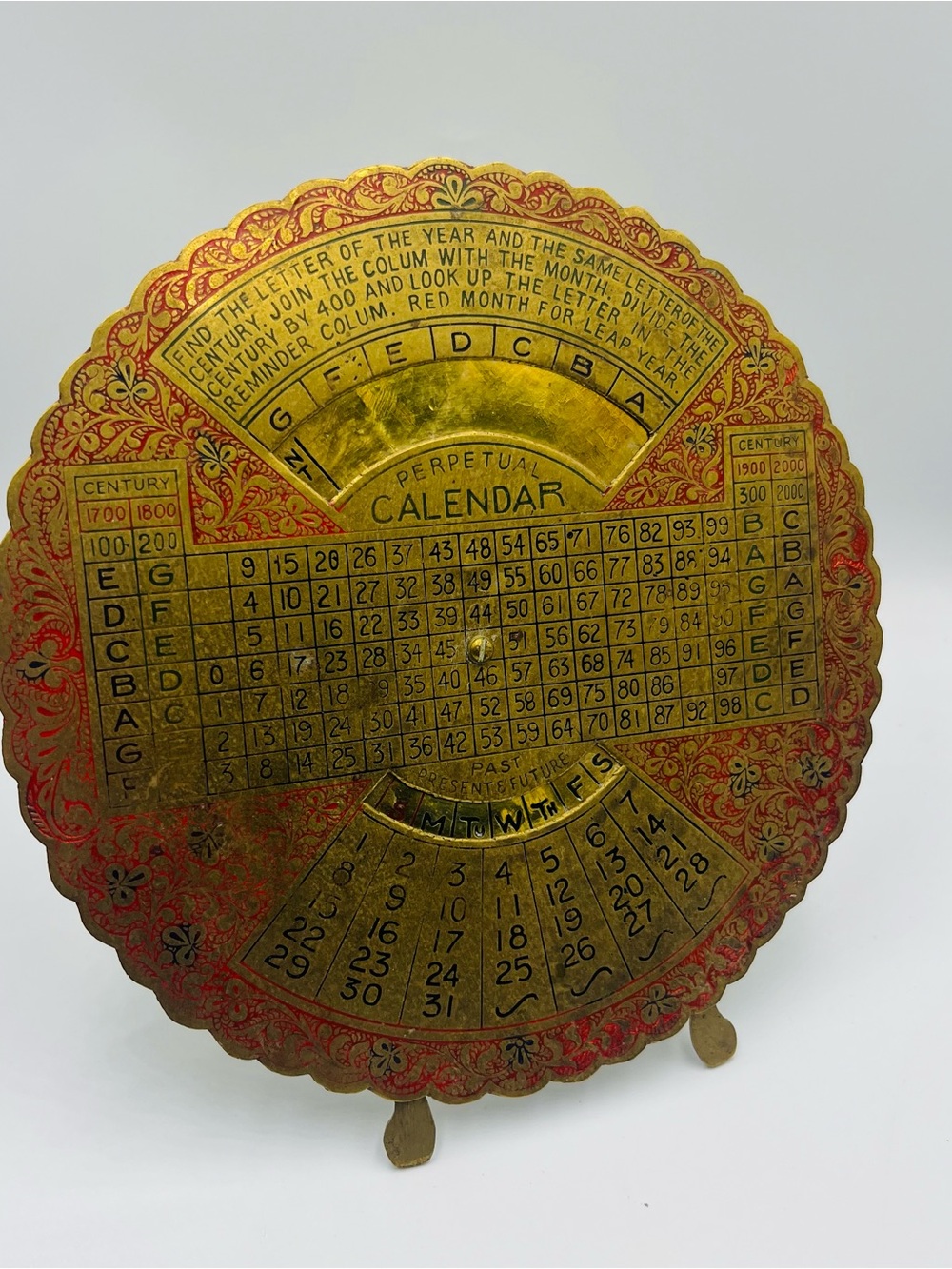 Vintage Gold Perpetual Calendar Disc with Red Accents